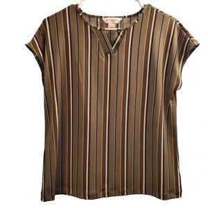 Liz Claiborne Blouse Womens PS Olive Green Striped Keyhole Vneck Petite‎ Small